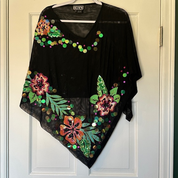 berek Accessories - Berek Black Sheer Poncho with Sequin Floral Accents